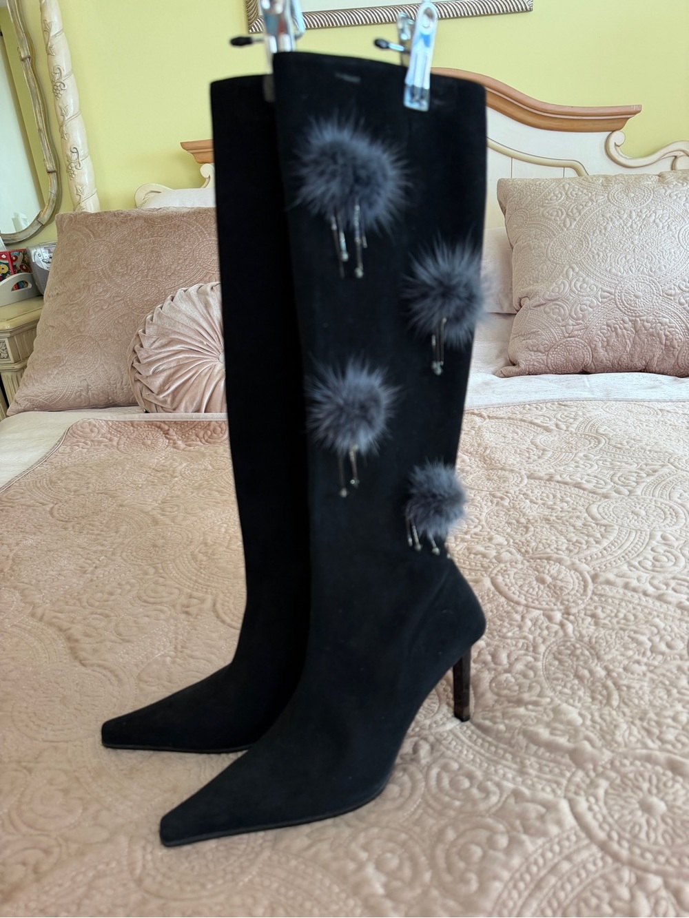 Black Knee-High Stiletto Boots with Pom-Pom Accents